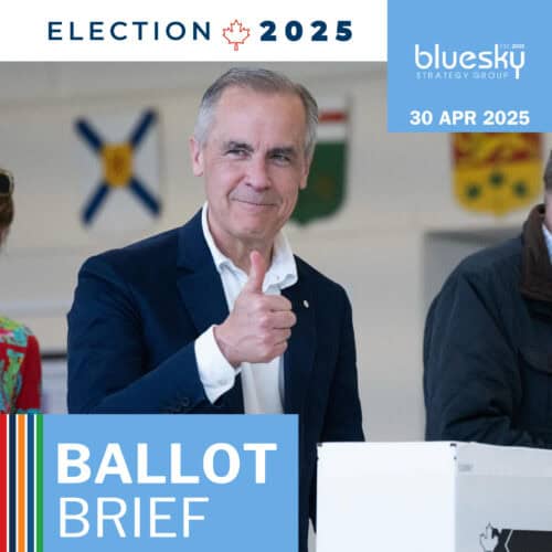 Graphic for Bluesky Ballot Brief showing Prime Minister Mark Carney giving thumbs up at the ballot box after voting.